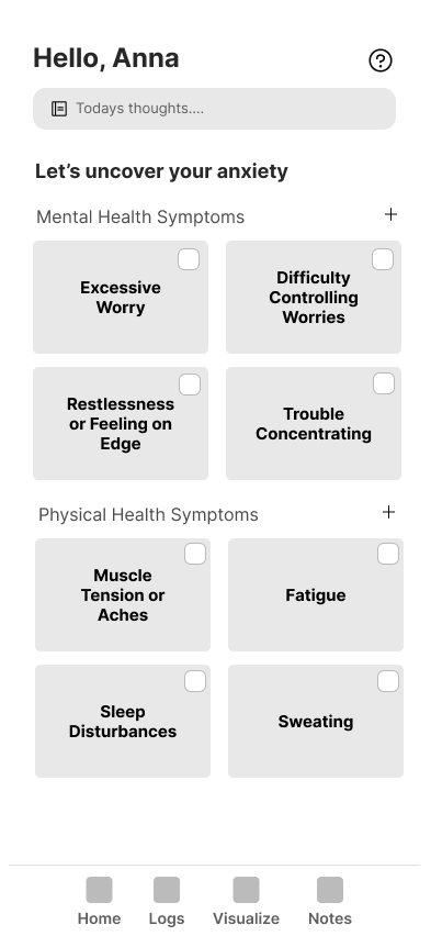Home screen showing a full grid of mental and physical symptom cards, all equally weighted