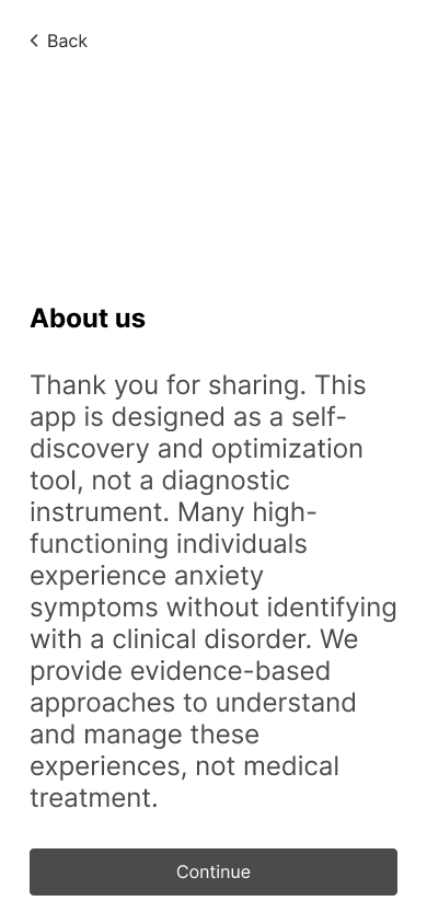 Onboarding screen explaining Anosity is a self-discovery tool, not a diagnostic instrument