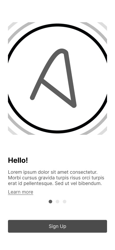 Anosity welcome screen with the hand-drawn A logo and a Sign Up button