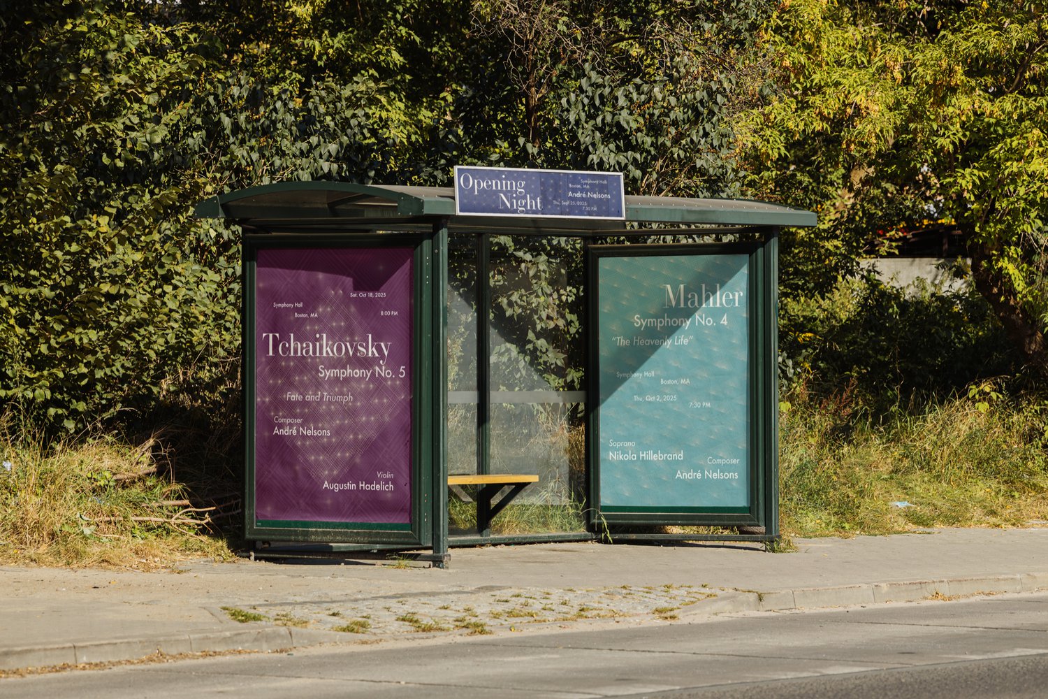 A bus shelter panel showing the Tchaikovsky poster