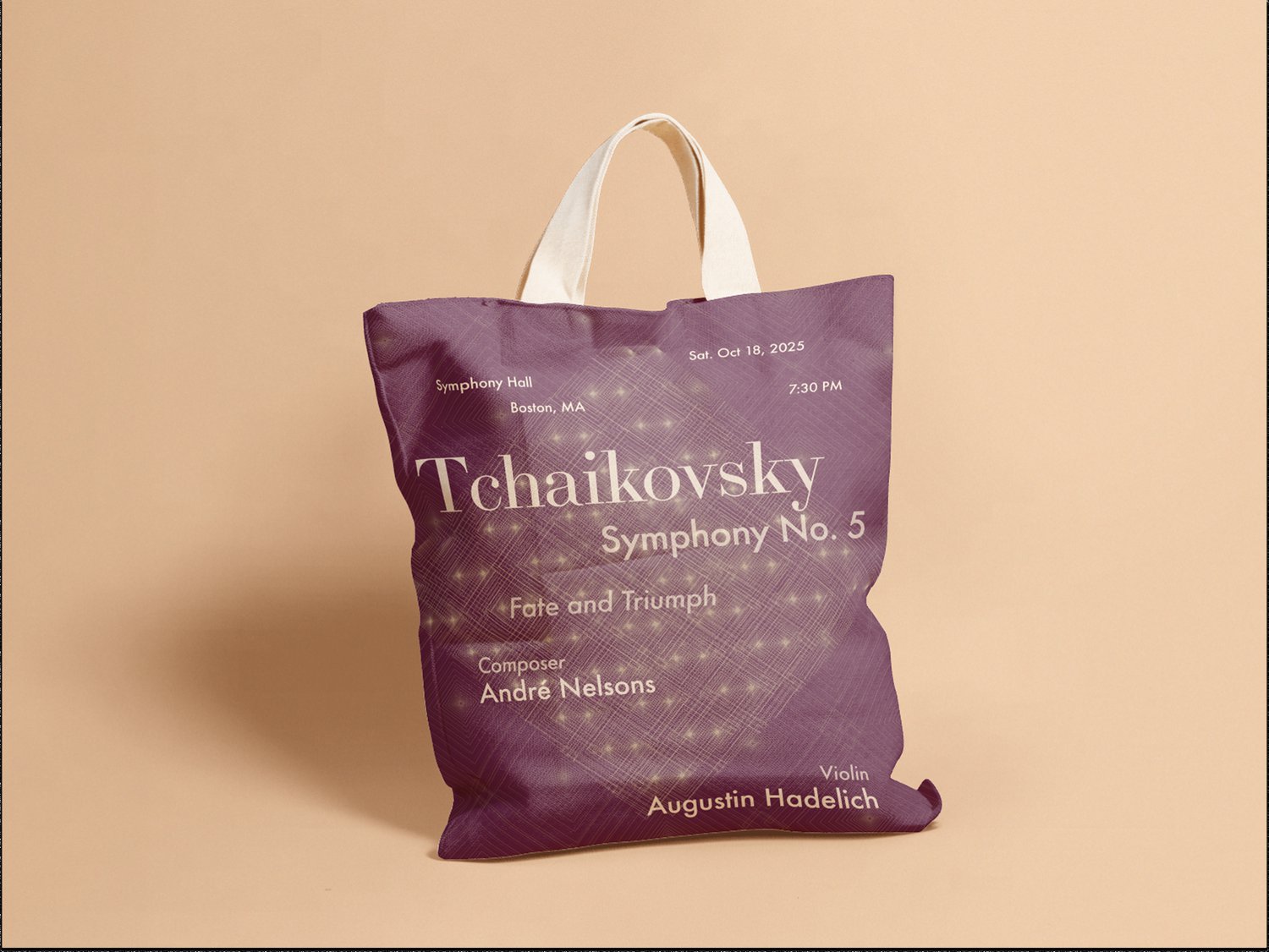 A tote bag printed with the Tchaikovsky poster
