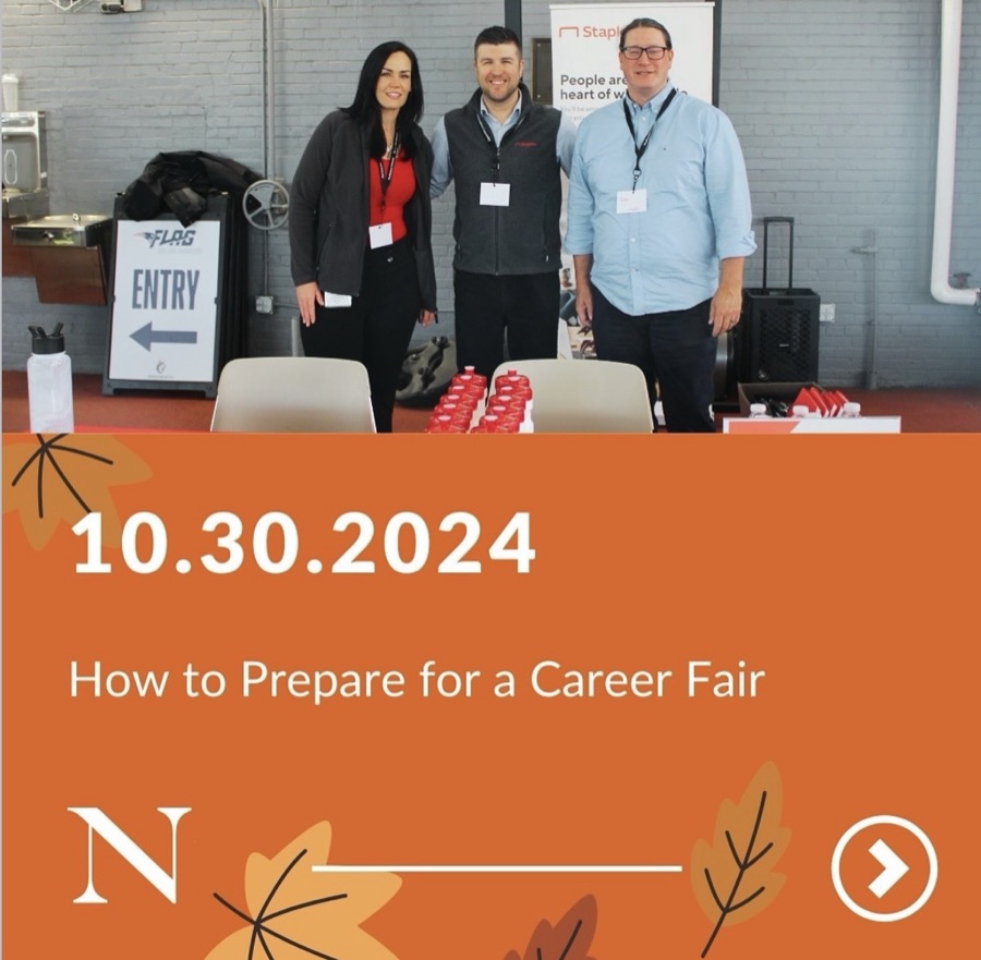 How to Prepare for a Career Fair cover slide dated 10.30.2024, with a drawn briefcase and autumn leaves