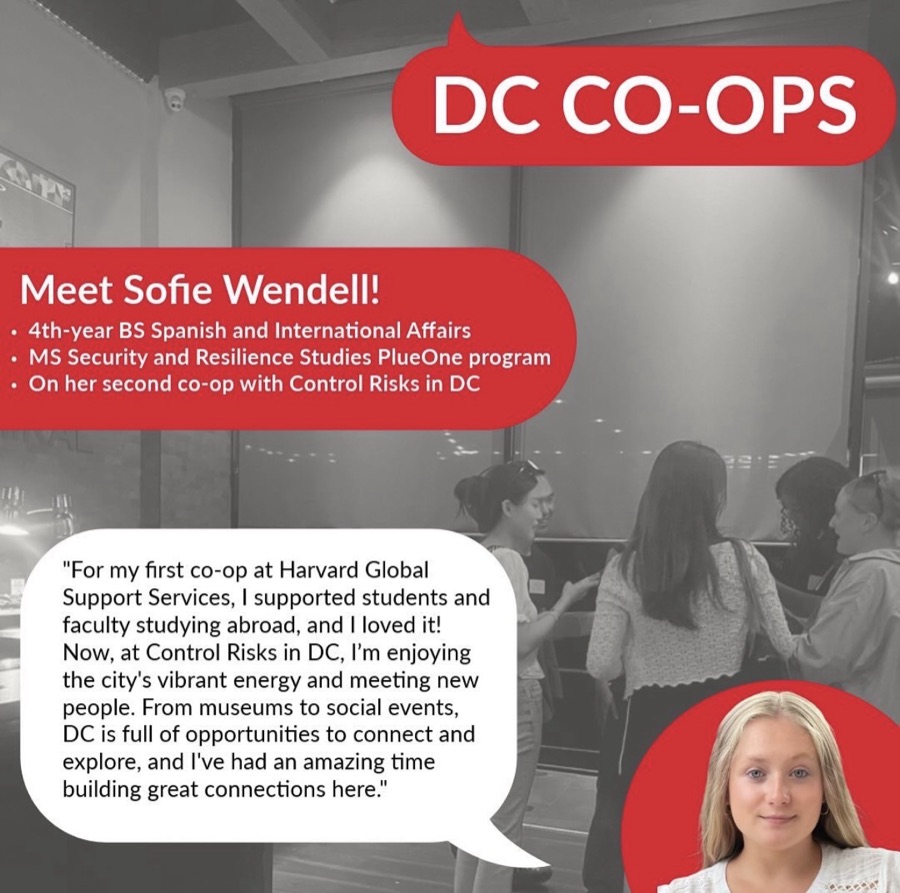 DC Co-ops profile card for Sofie Wendell, fourth-year Spanish and international affairs student on co-op with Control Risks