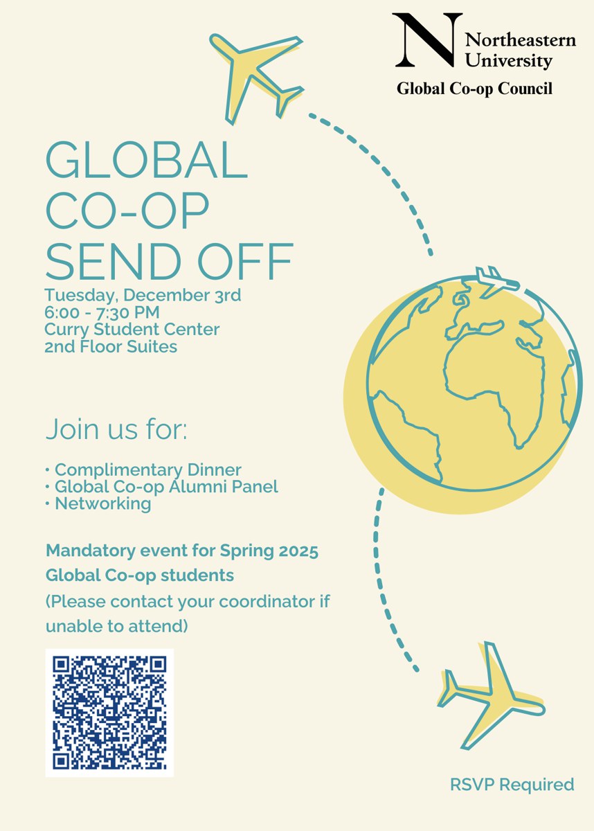 Global Co-op Send Off event graphic: teal type and a butter-yellow globe with dashed flight paths and aeroplanes on a cream ground, for a December 3rd event at the Curry Student Center