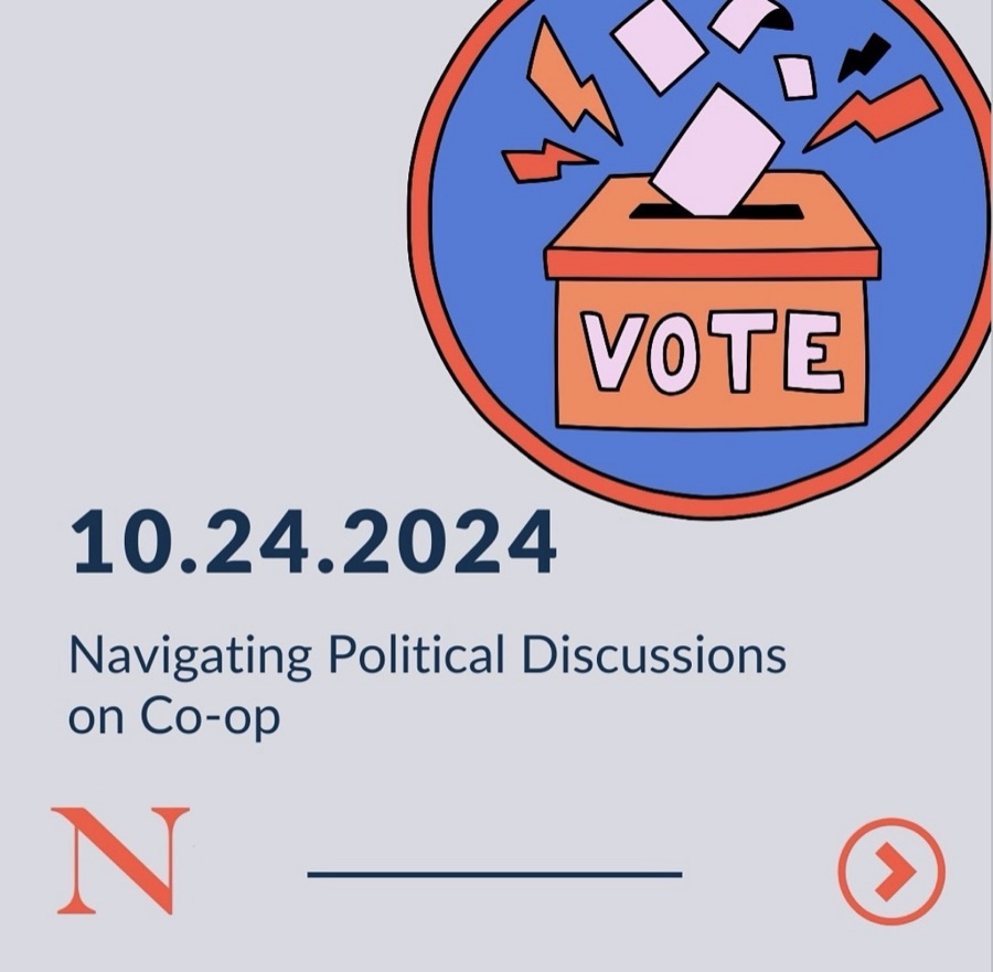 Navigating Political Discussions on Co-op cover slide dated 10.24.2024, with a drawn ballot box