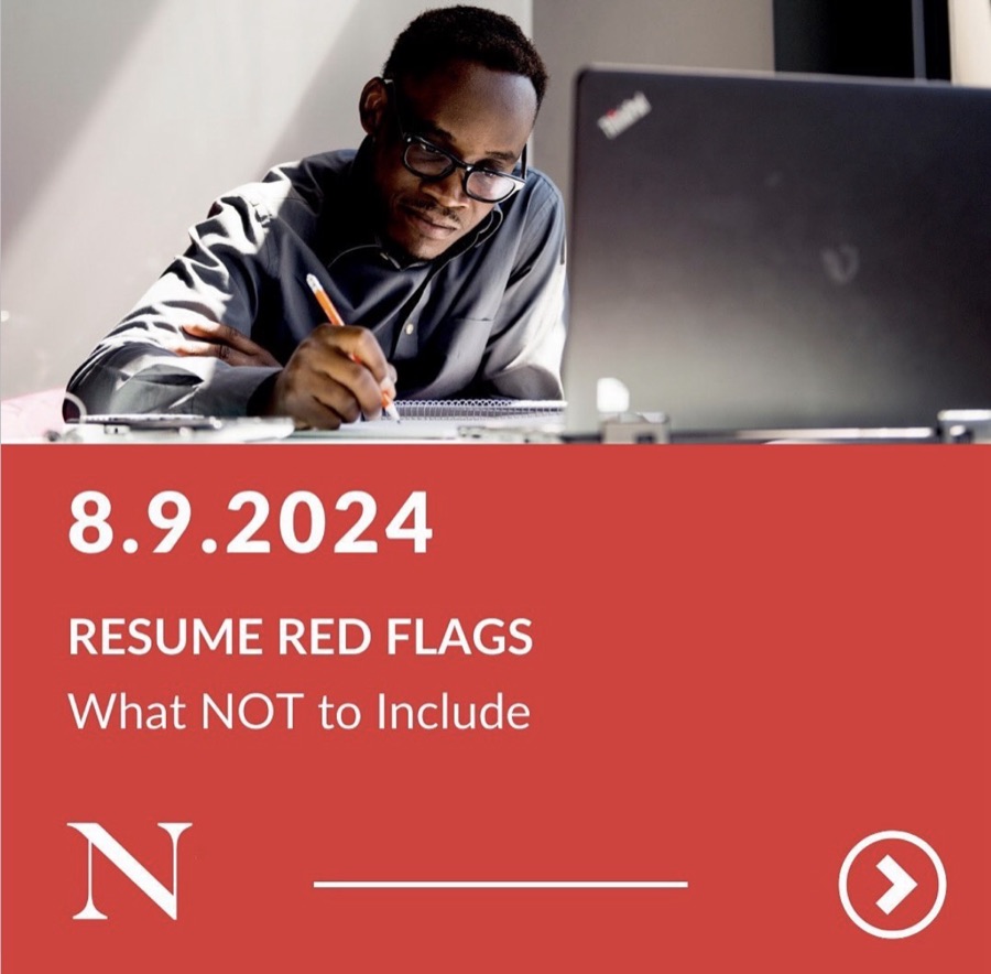 Resume Red Flags cover slide dated 8.9.2024, red banners knocked back over a photograph