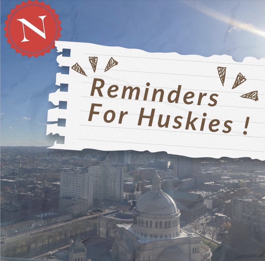 Reminders For Huskies series title card set on torn notebook paper over an aerial photograph of Boston