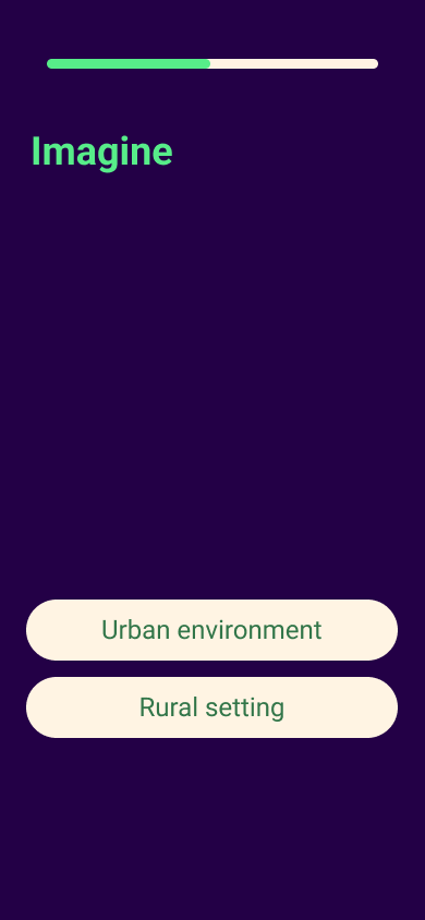 RetireMap onboarding, screen one — “Imagine”, with Urban environment and Rural setting to choose from