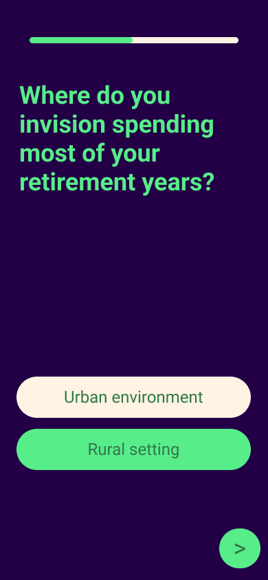 RetireMap onboarding, screen two — “Where do you invision spending most of your retirement years?”, Rural setting selected