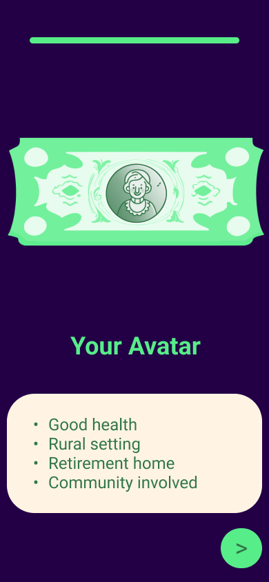 The generated avatar screen, listing good health, rural setting, retirement home and community involved