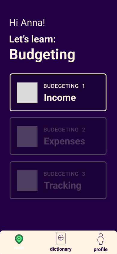 A budgeting lesson with Income unlocked and Expenses and Tracking still locked