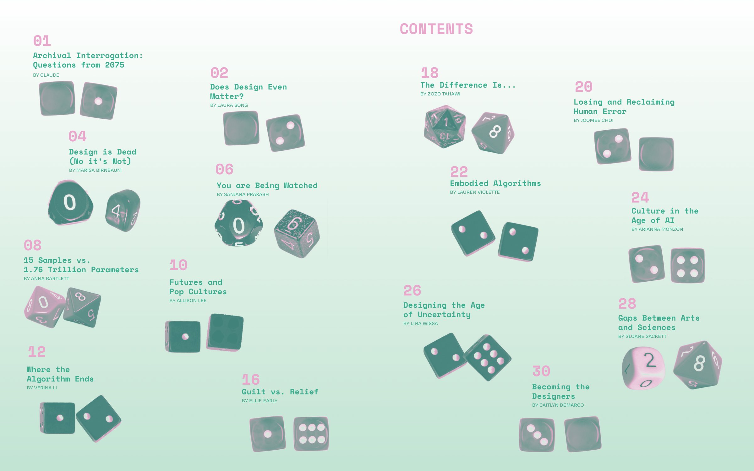 Contents spread: numbered essay titles and authors, each paired with a photograph of two dice.