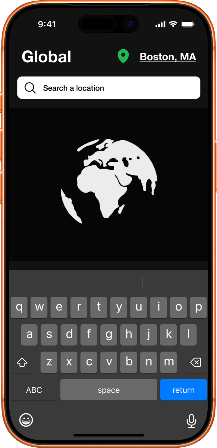 The Global Mode map screen — a globe with a location search