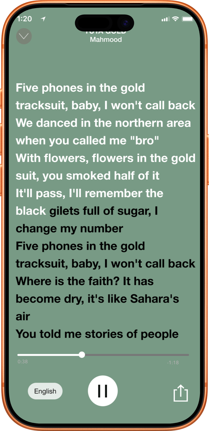 A song's lyrics with an English translation toggle